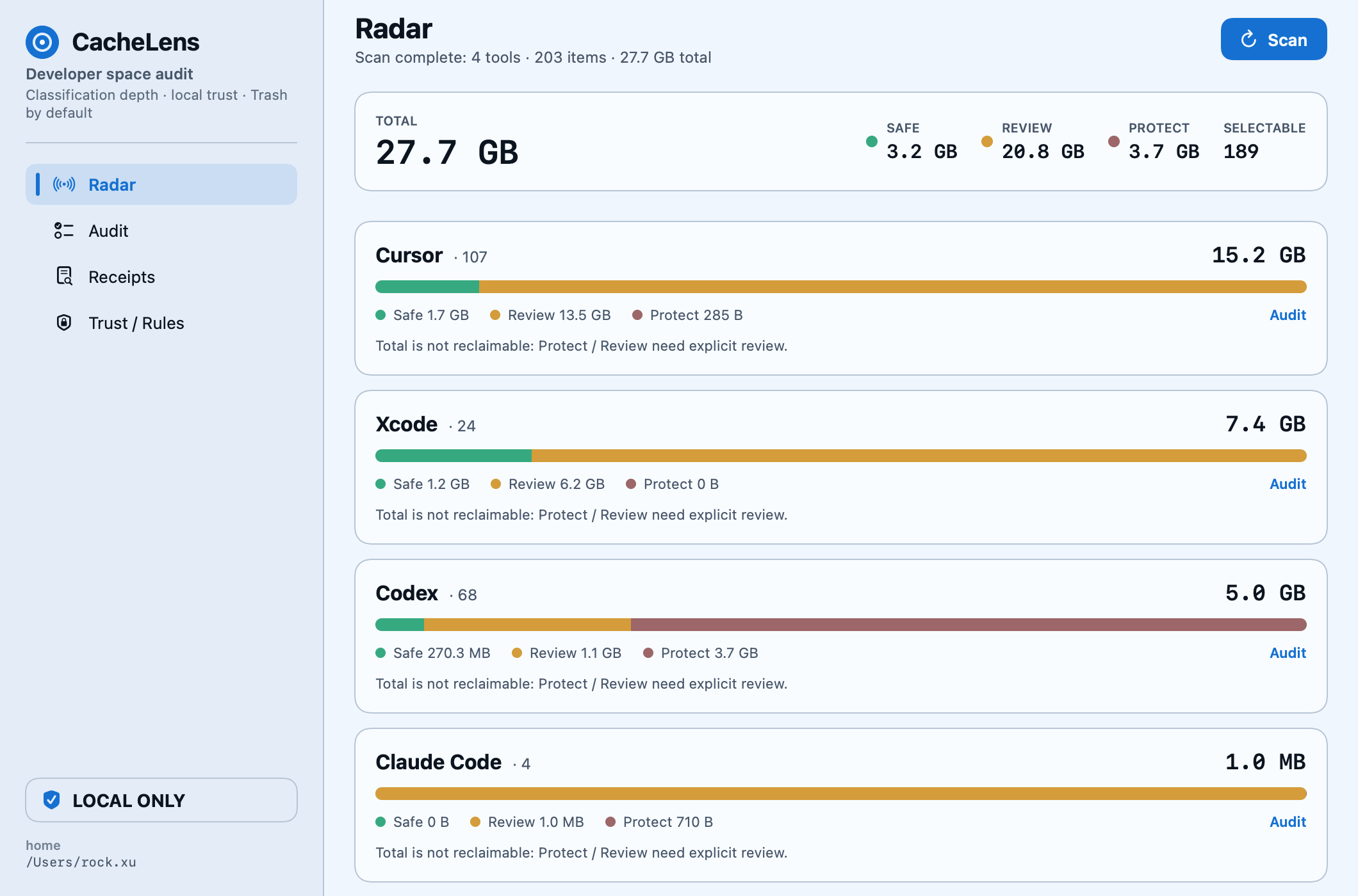 Real CacheLens app screenshot showing a completed scan with Safe, Review, and Protect totals per tool