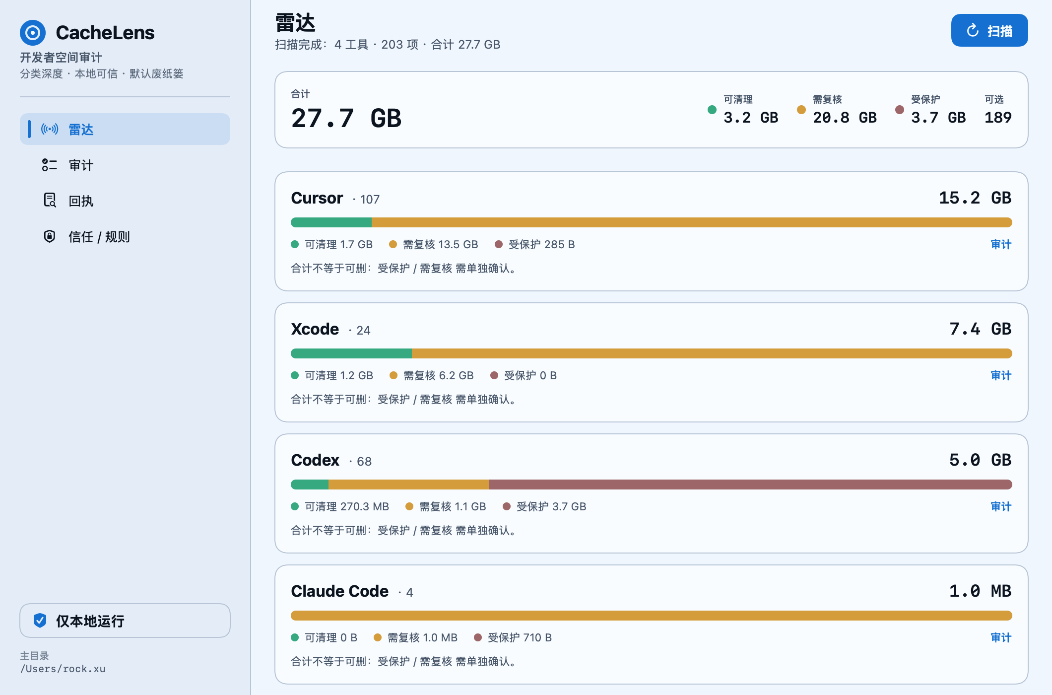 Real CacheLens app screenshot showing a completed scan with Safe, Review, and Protect totals per tool